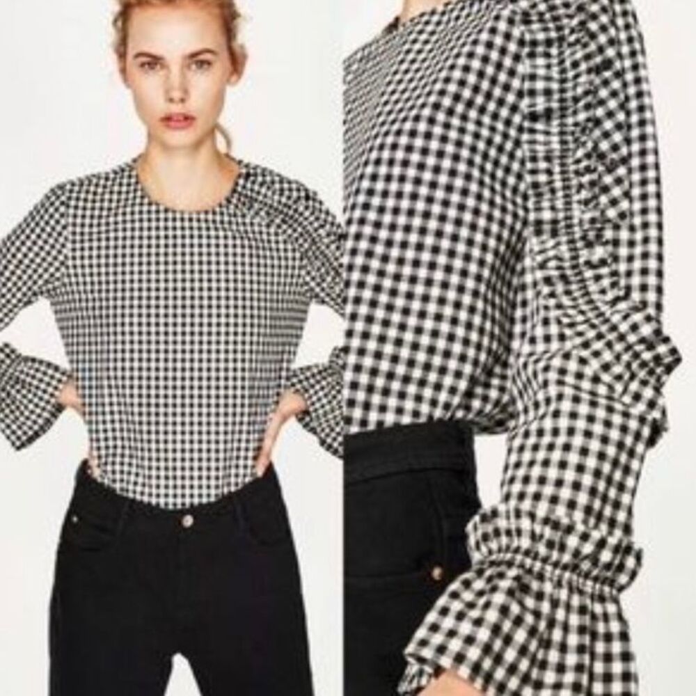 Zara Gingham Black White Check Ruffle Blouse XS